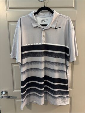 Nike Light Gray and Black Striped Golf Polo